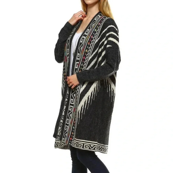 GeeGee Southwestern Aztec Long Sleeve Open Front Mid Length Sweater Cardigan - Picture 1 of 8